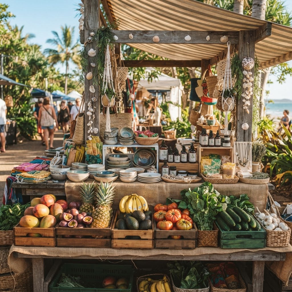 Colourful market stall with fresh produce and artisan goods at Koala Weekend Markets