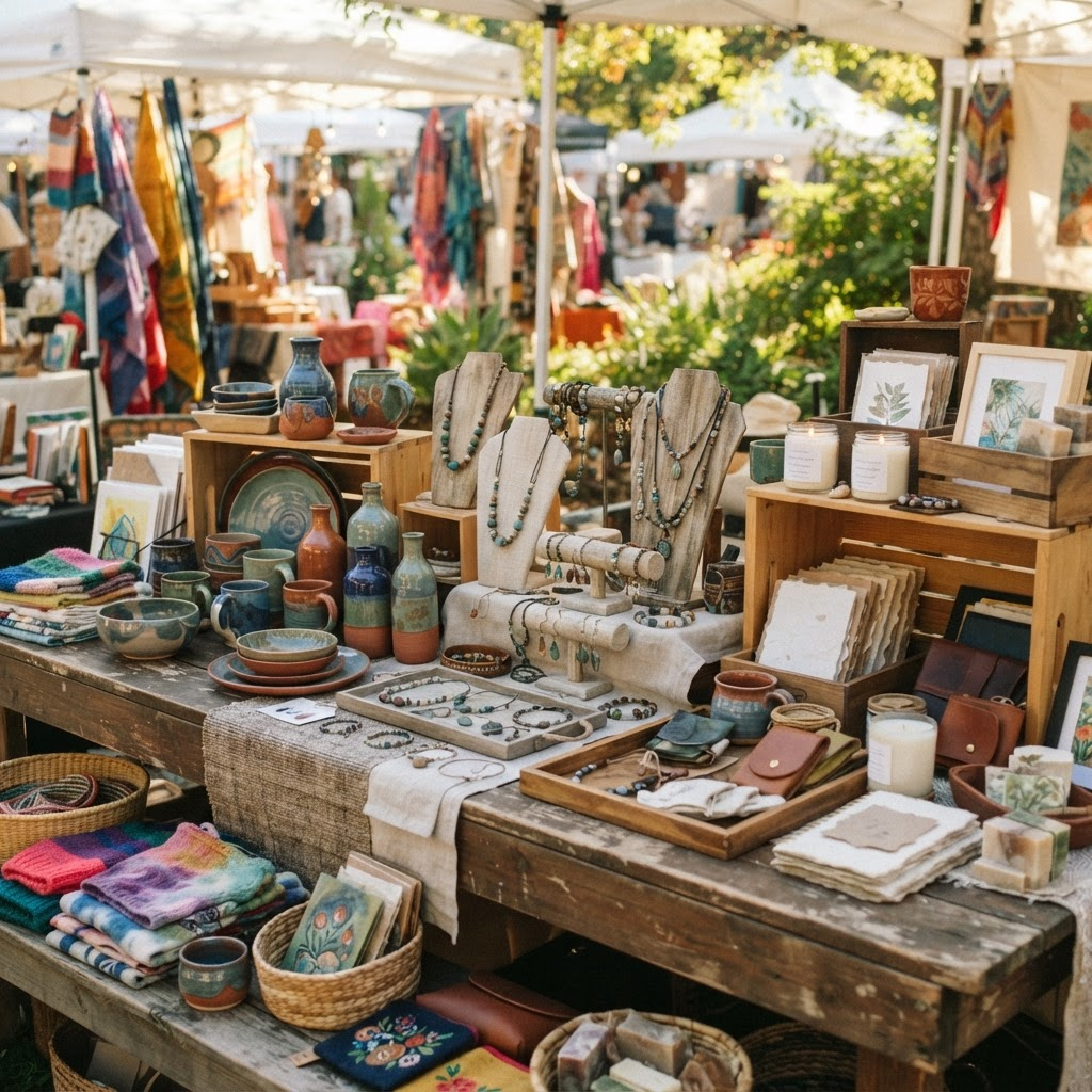 Handmade artisan crafts and gifts displayed on a market table