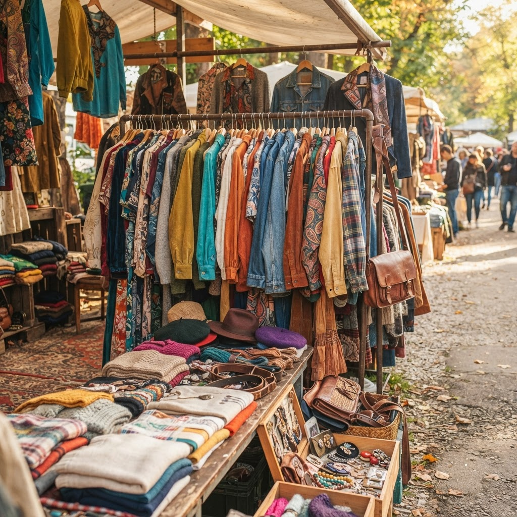 Vintage clothing and accessories at a weekend market stall