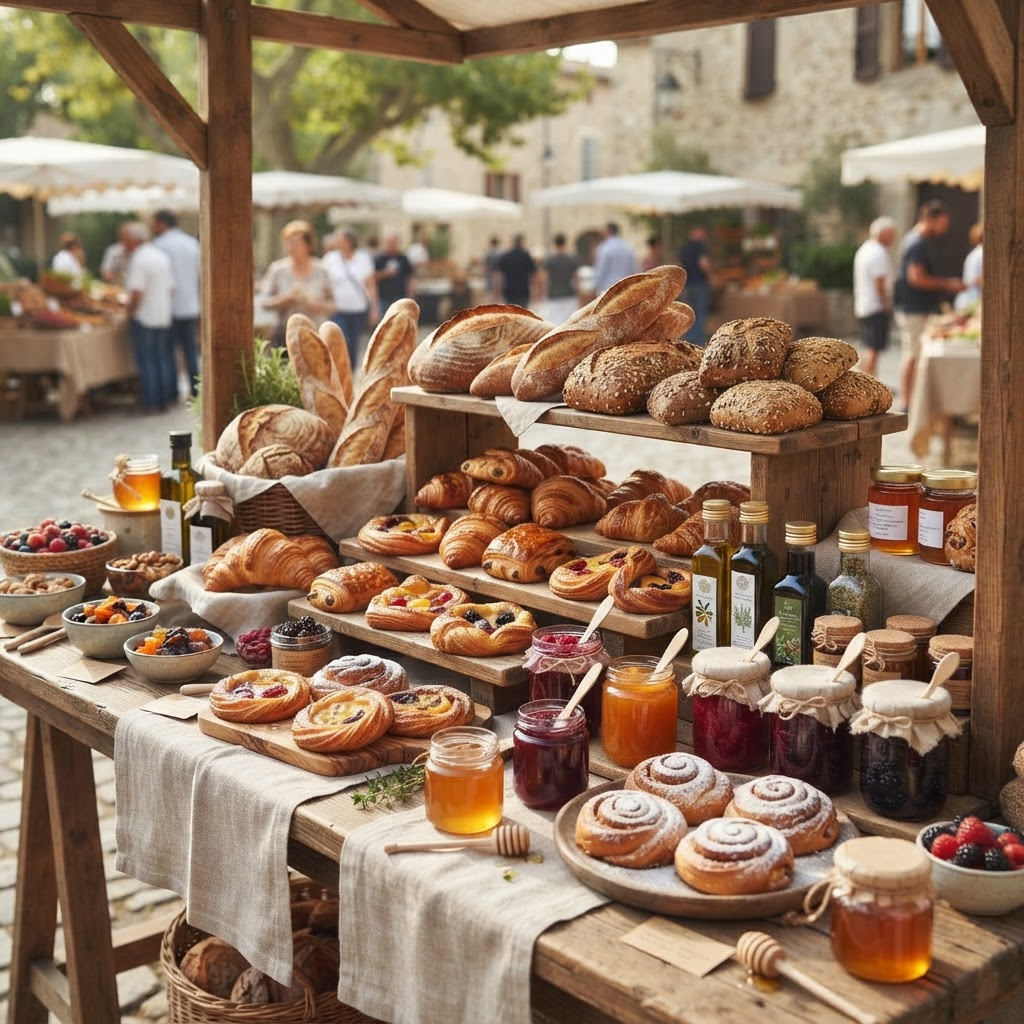 Artisan baked goods, jams and gourmet foods at a market stall