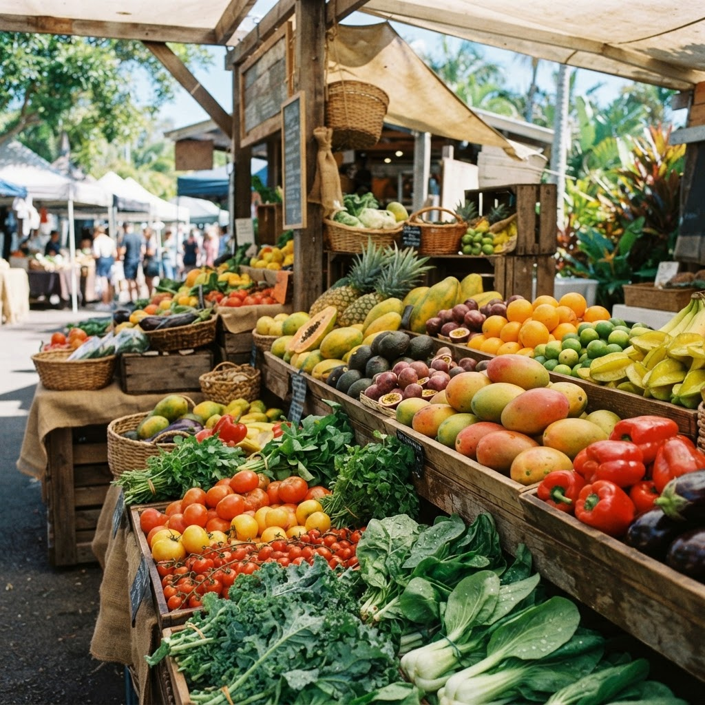 Colourful fresh fruits and vegetables at a market stall