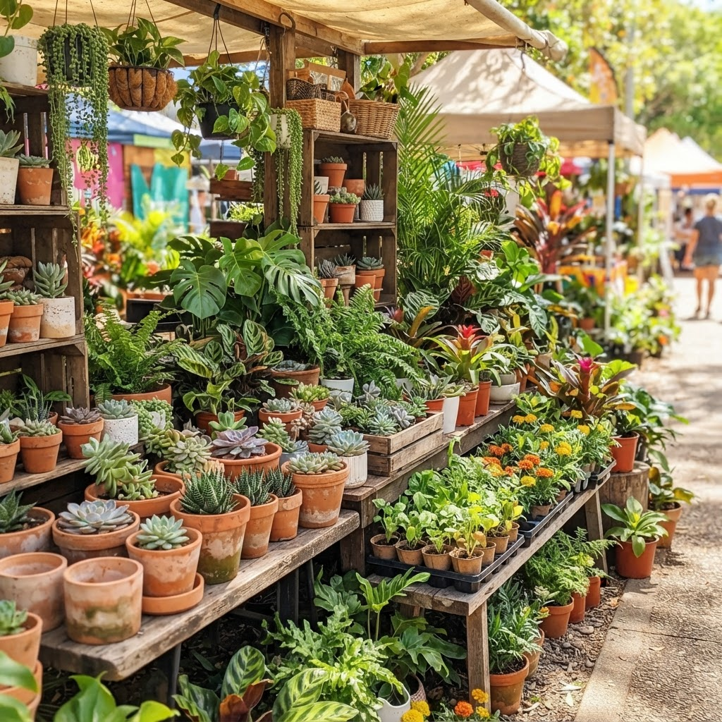 Potted plants and succulents for sale at a market stall